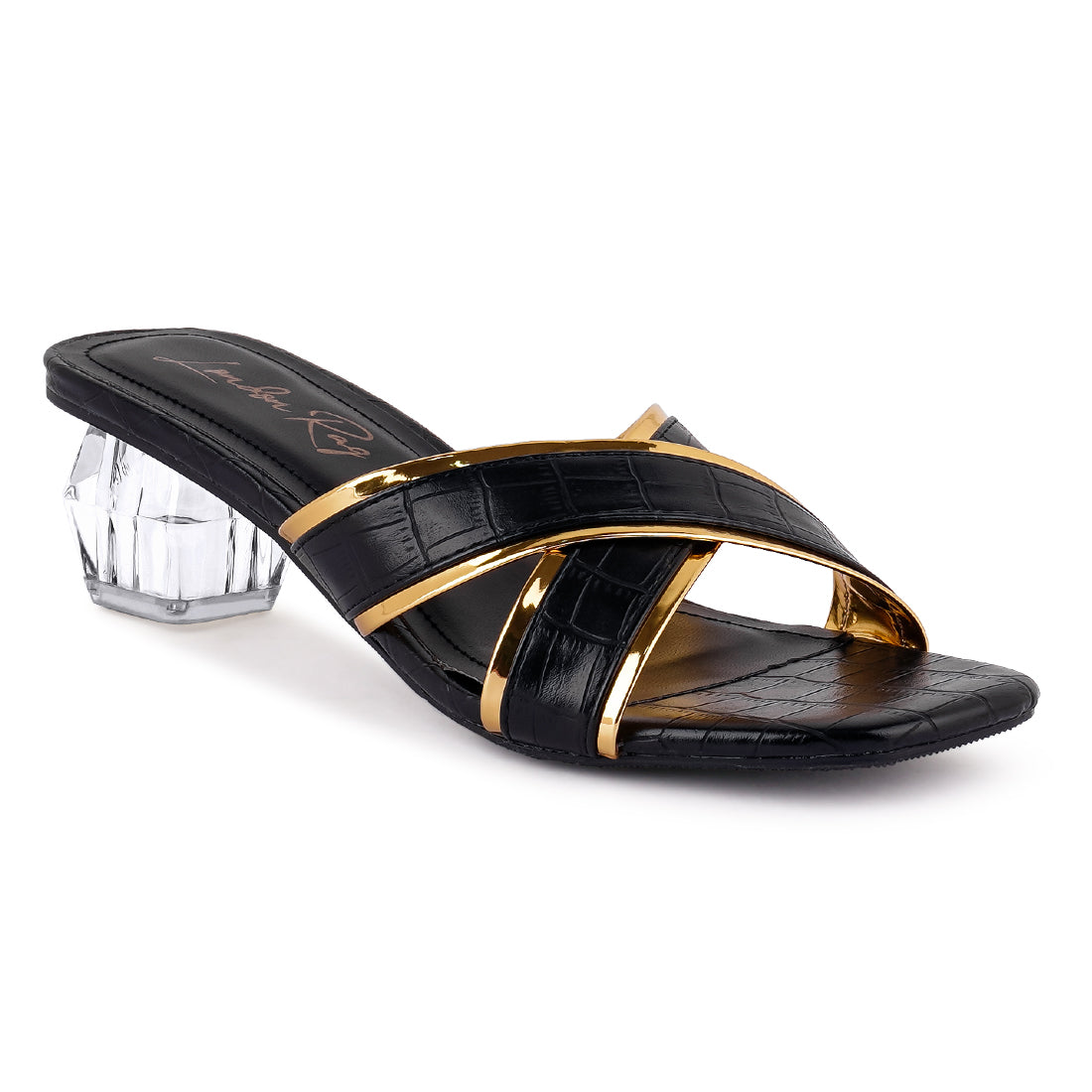 Black Line Croc Textured Low Heel Sandals