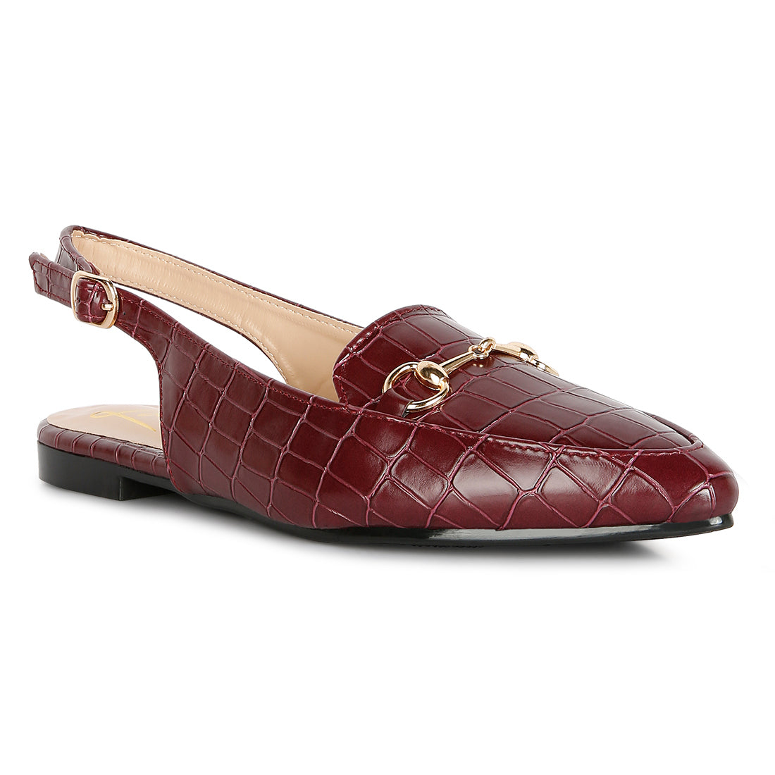 Burgundy Croc Slingback Flat Sandals