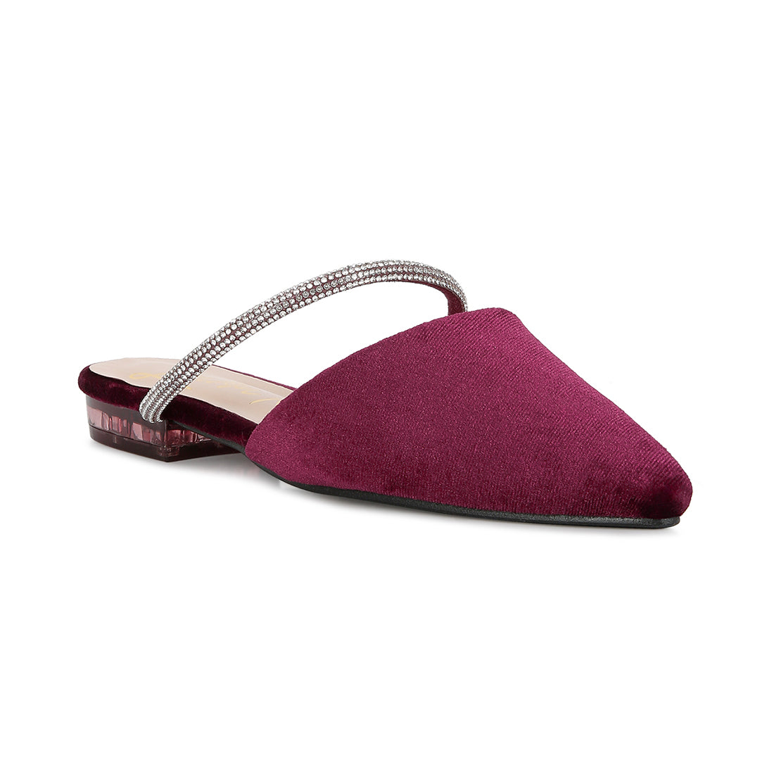Burgundy Velvet Diamante Detail Flat Mules