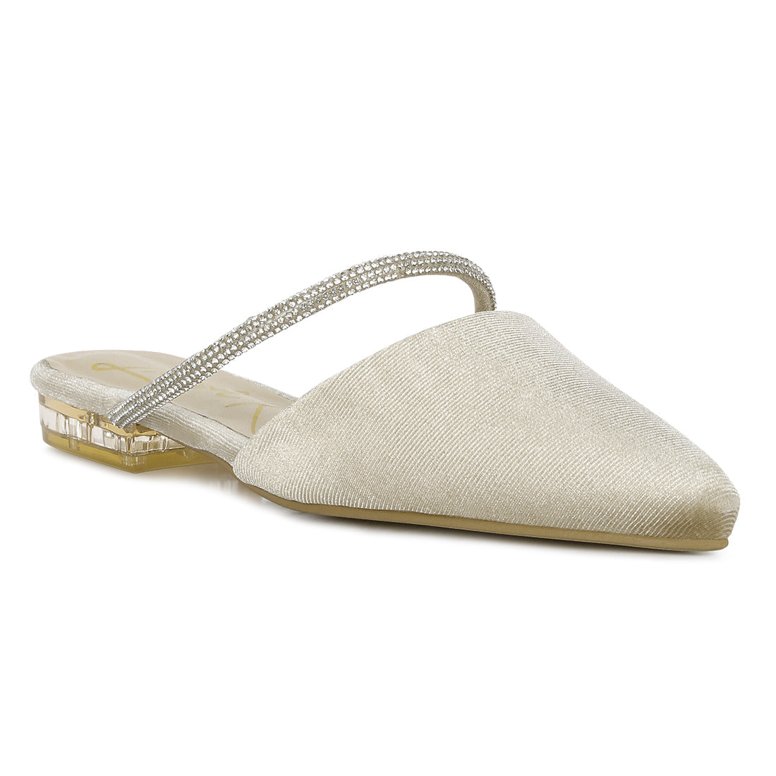 Khaki Velvet Diamante Detail Flat Mules