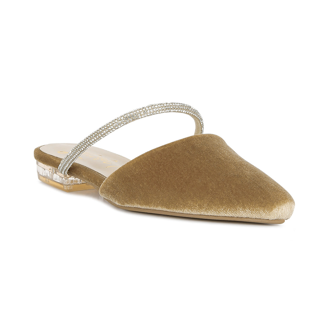 Beige Velvet Diamante Detail Flat Mules