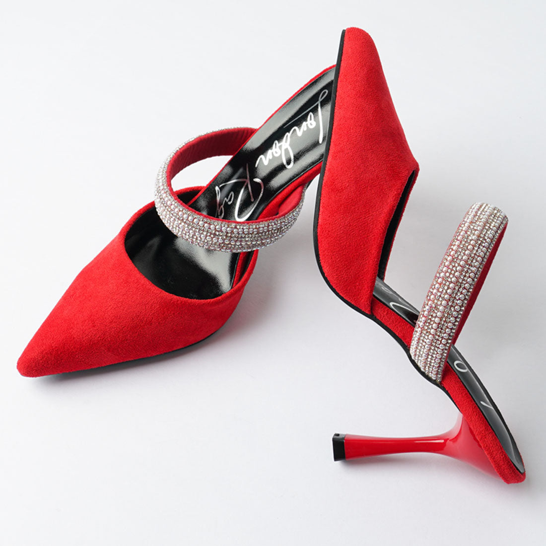Red Diamante Strap Heeled Mules