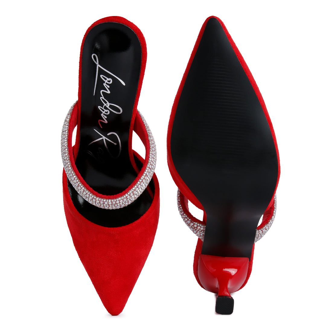 Red Diamante Strap Heeled Mules