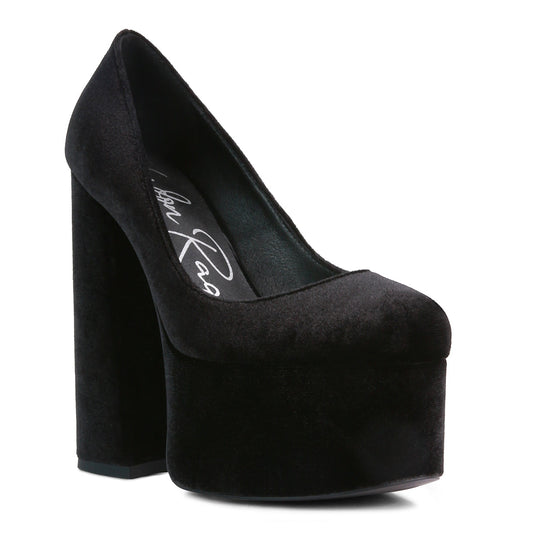 Black Platform Heel Velvet Pumps
