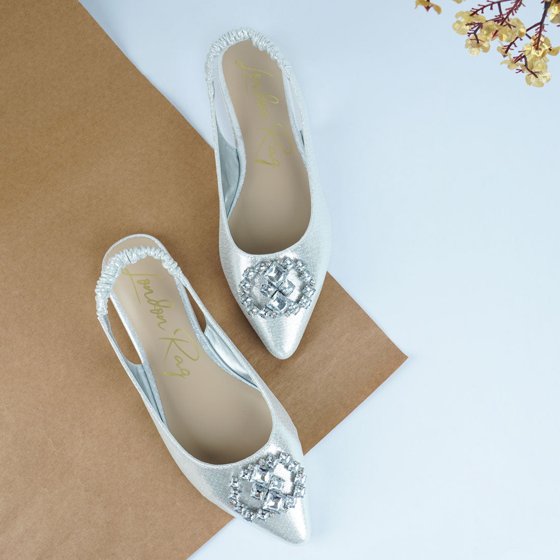 metallic diamante flats mules#color_silver