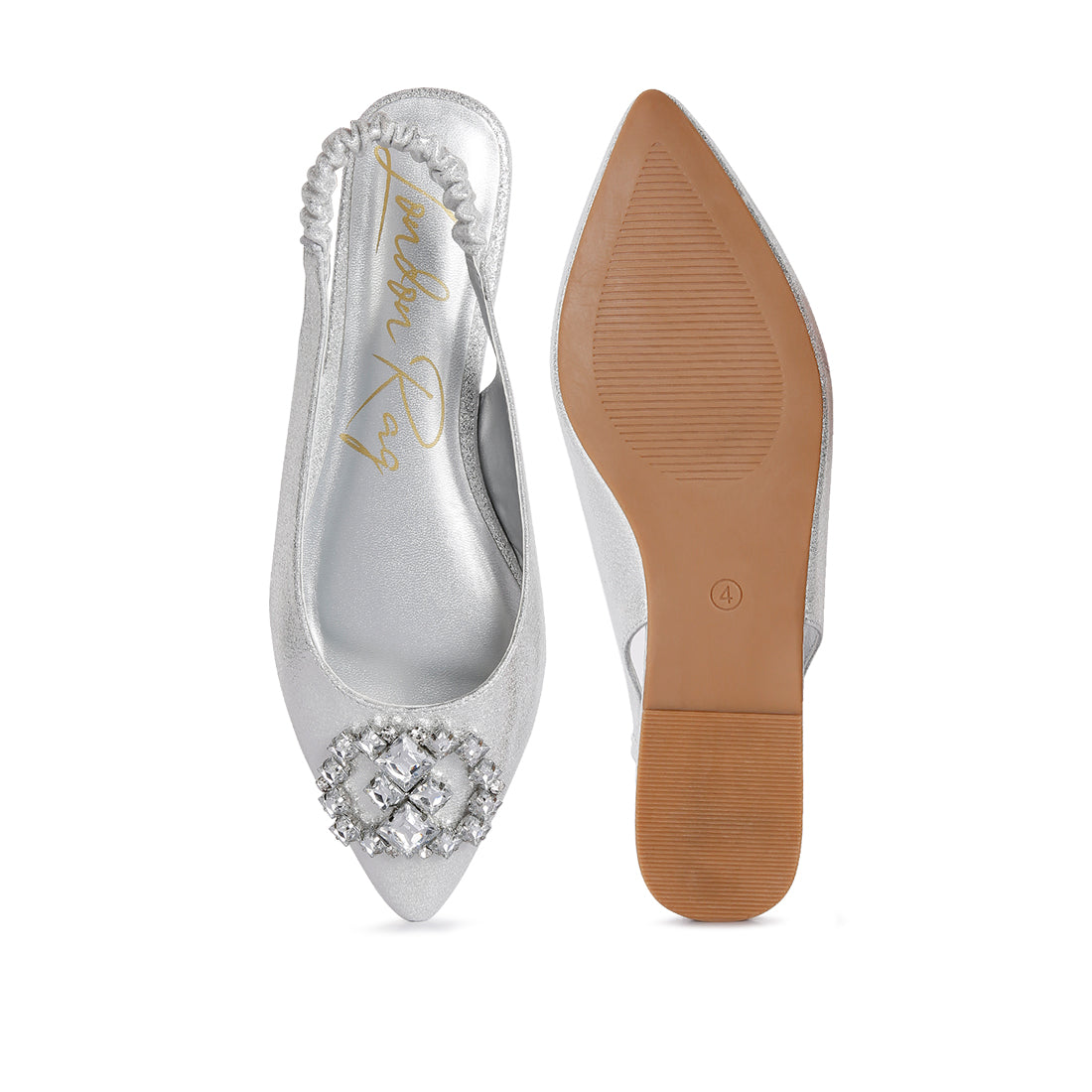metallic diamante flats mules#color_silver