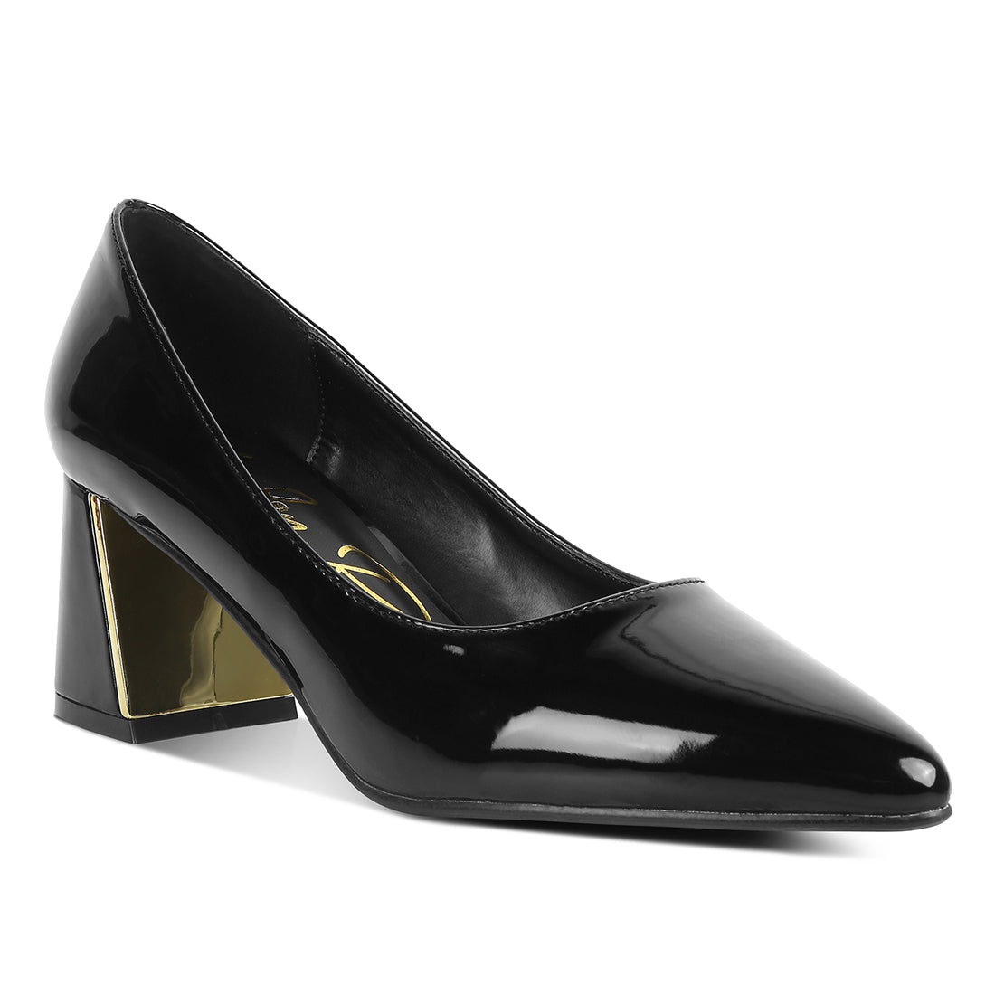 metallic accent block heel pumps#color_black