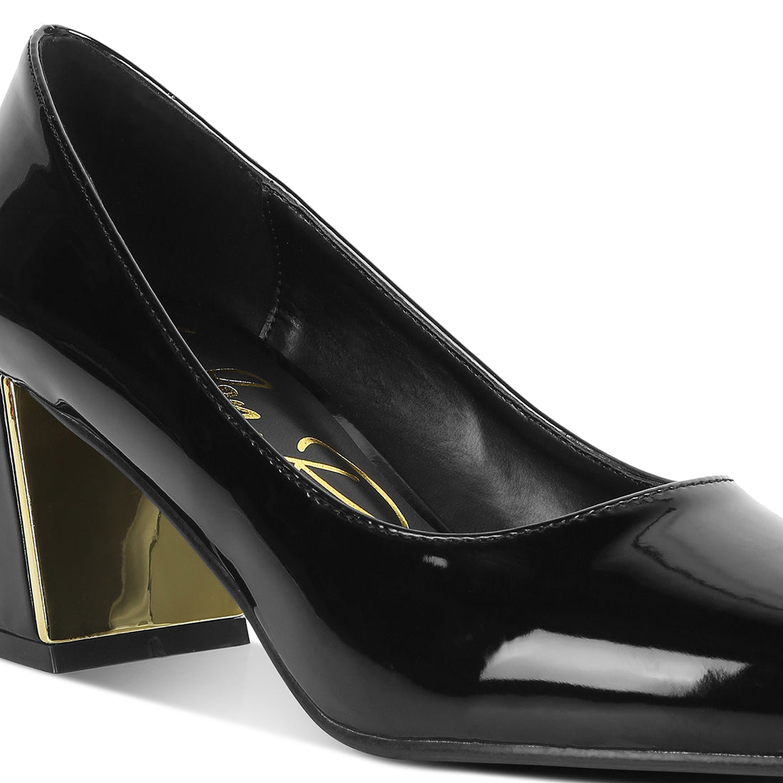 metallic accent block heel pumps#color_black