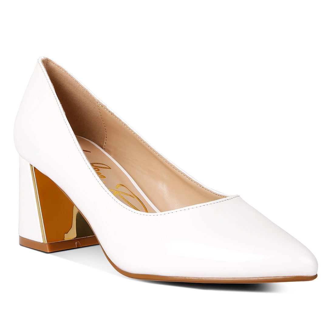 metallic accent block heel pumps#color_white