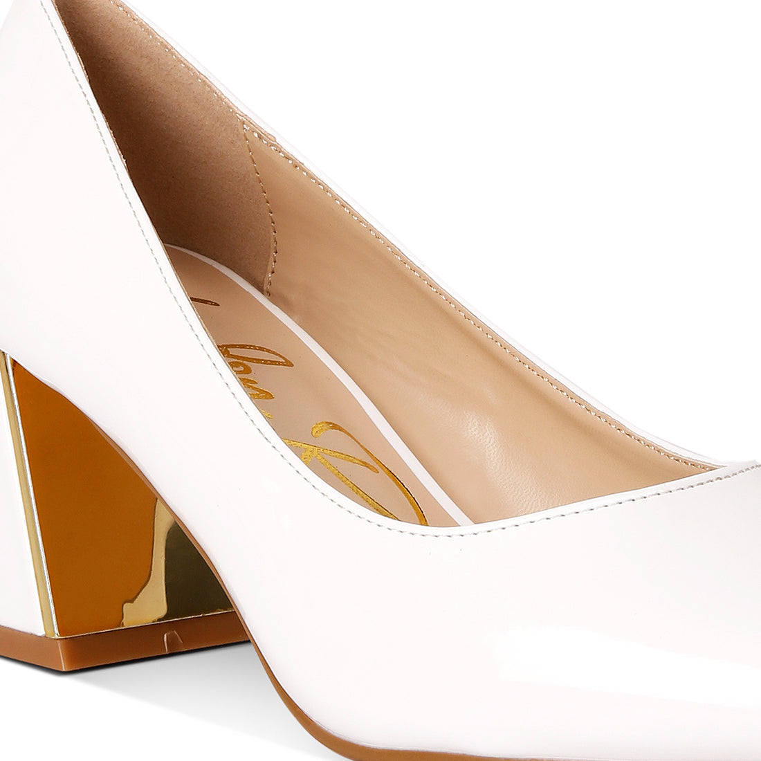 metallic accent block heel pumps#color_white