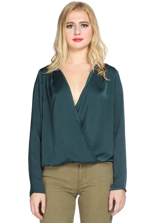 Green Satin Surplice Neck Casual Top - Green