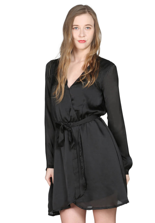 Black Satin Wrap Dress - Black