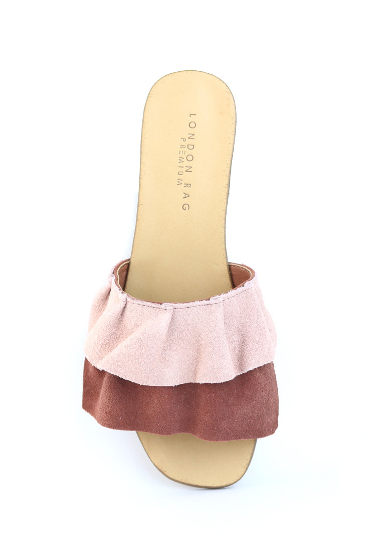 Pink Brown Flat Frill Slip-On Sandal - Pink