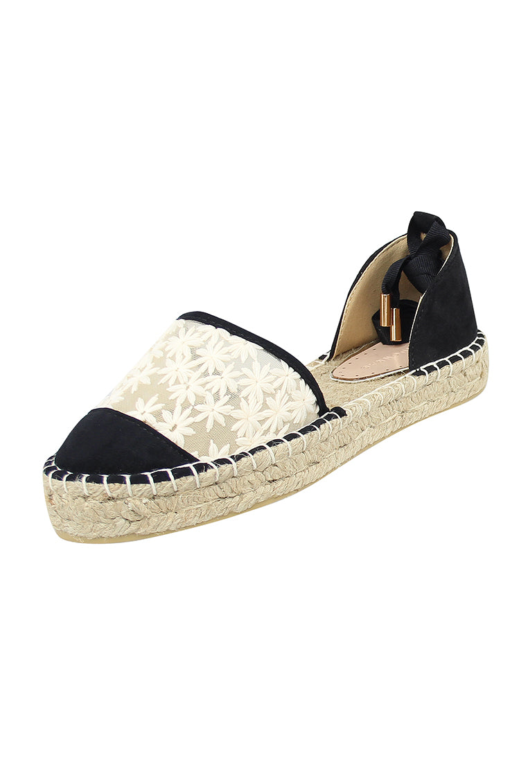 Black Flat Fabric Sandals - White