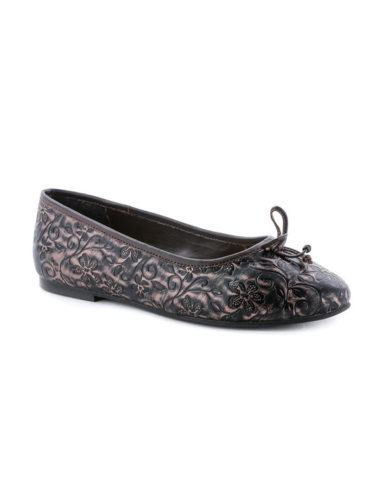 Flower Engraving Brown Ballerinas - Brown