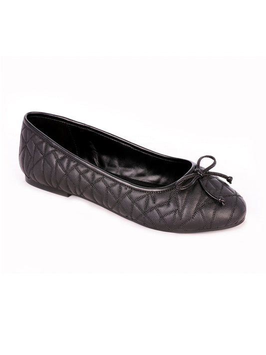 Stitched Textured Black Ballerinas - Black