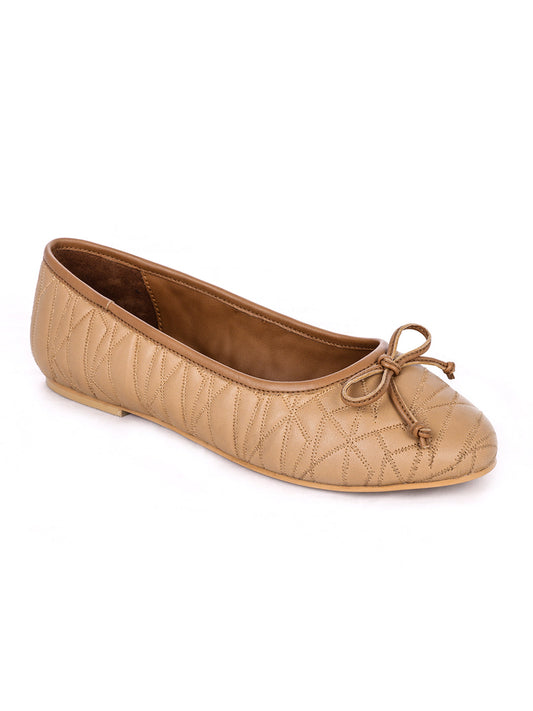 Stitched Textured Tan Ballerinas - Tan
