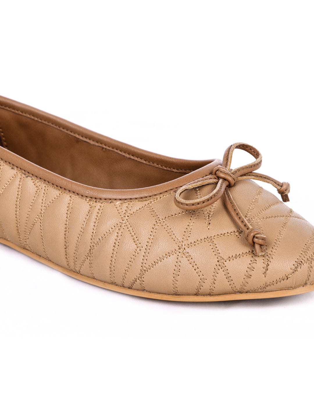 Stitched Textured Tan Ballerinas - Tan