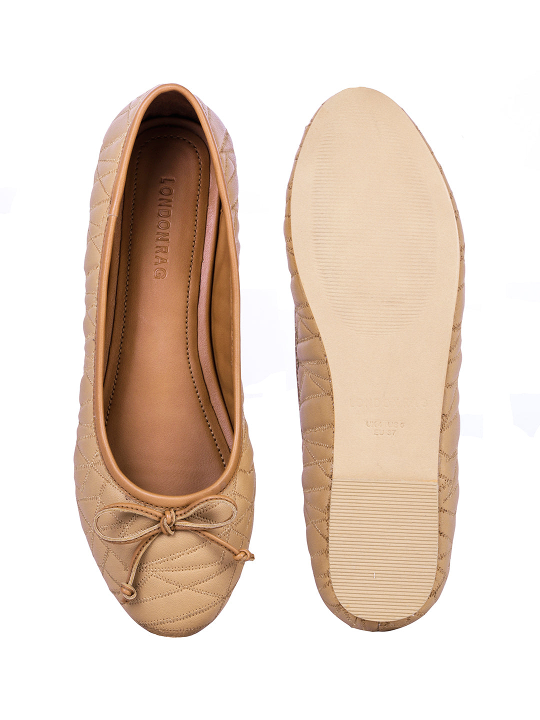 Stitched Textured Tan Ballerinas - Tan