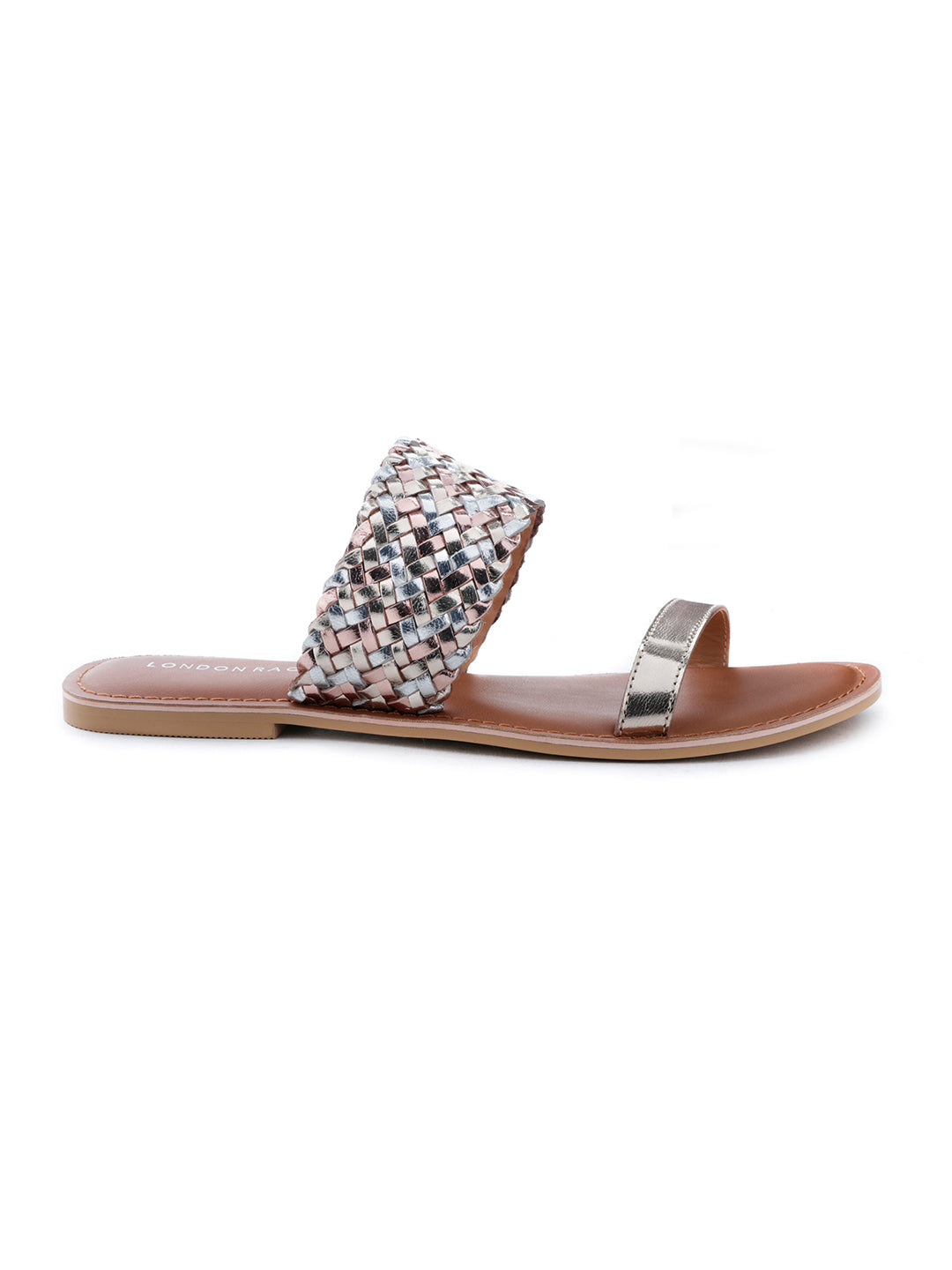 Gold Silver Metallic Weaved Strap Sandal - Gold