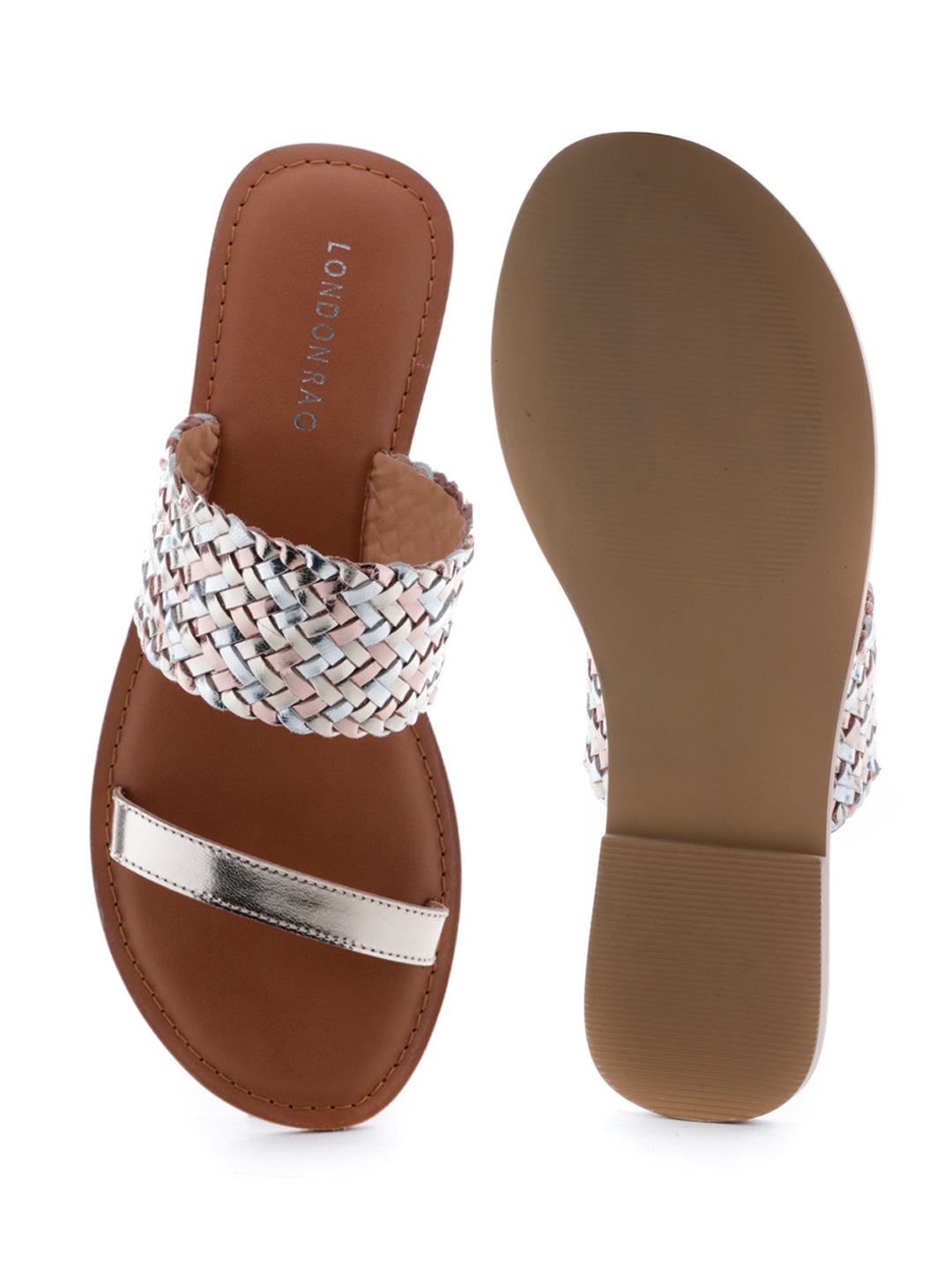 Gold Silver Metallic Weaved Strap Sandal - Gold