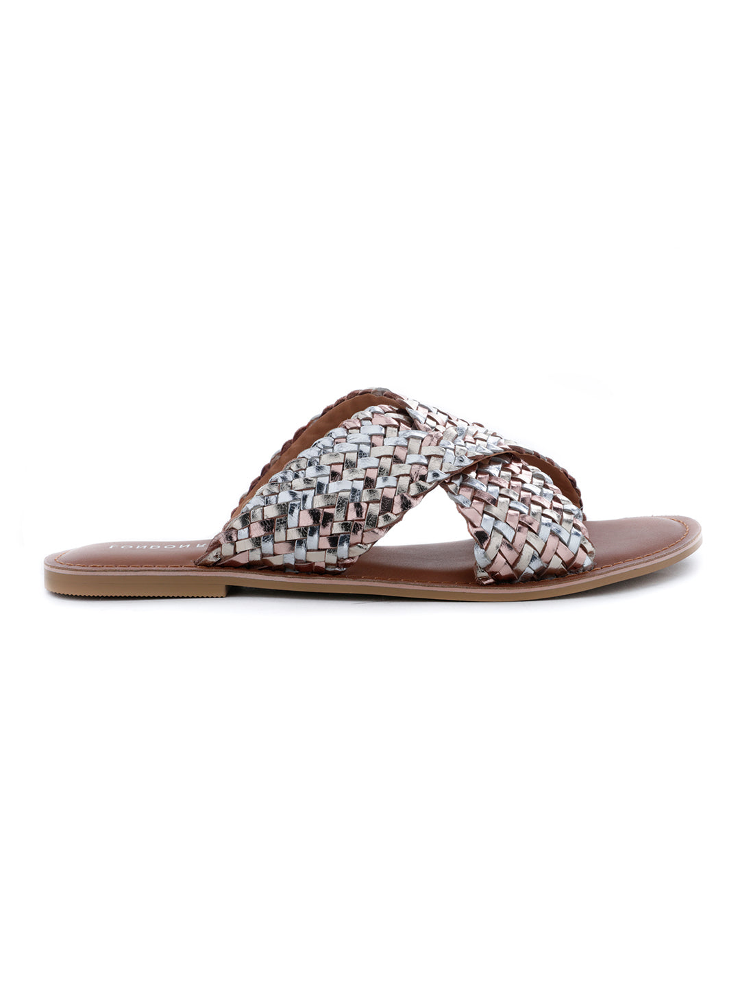 Gold Silver Metallic Weaved Cross Strap Sandal - Gold