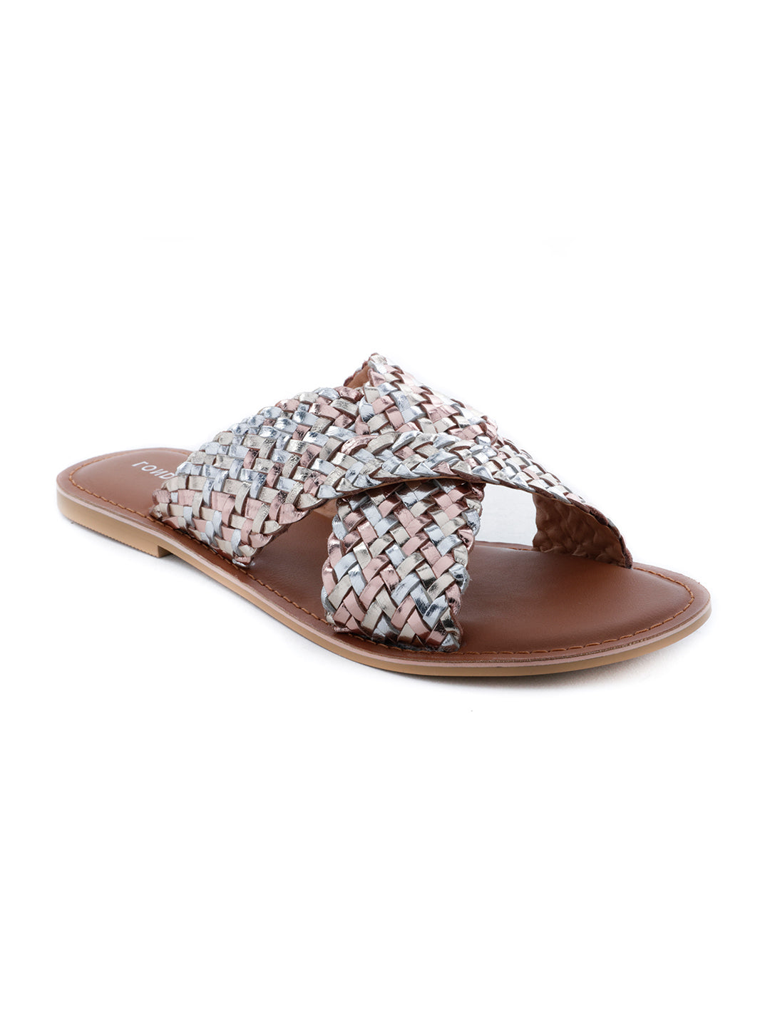 Gold Silver Metallic Weaved Cross Strap Sandal
