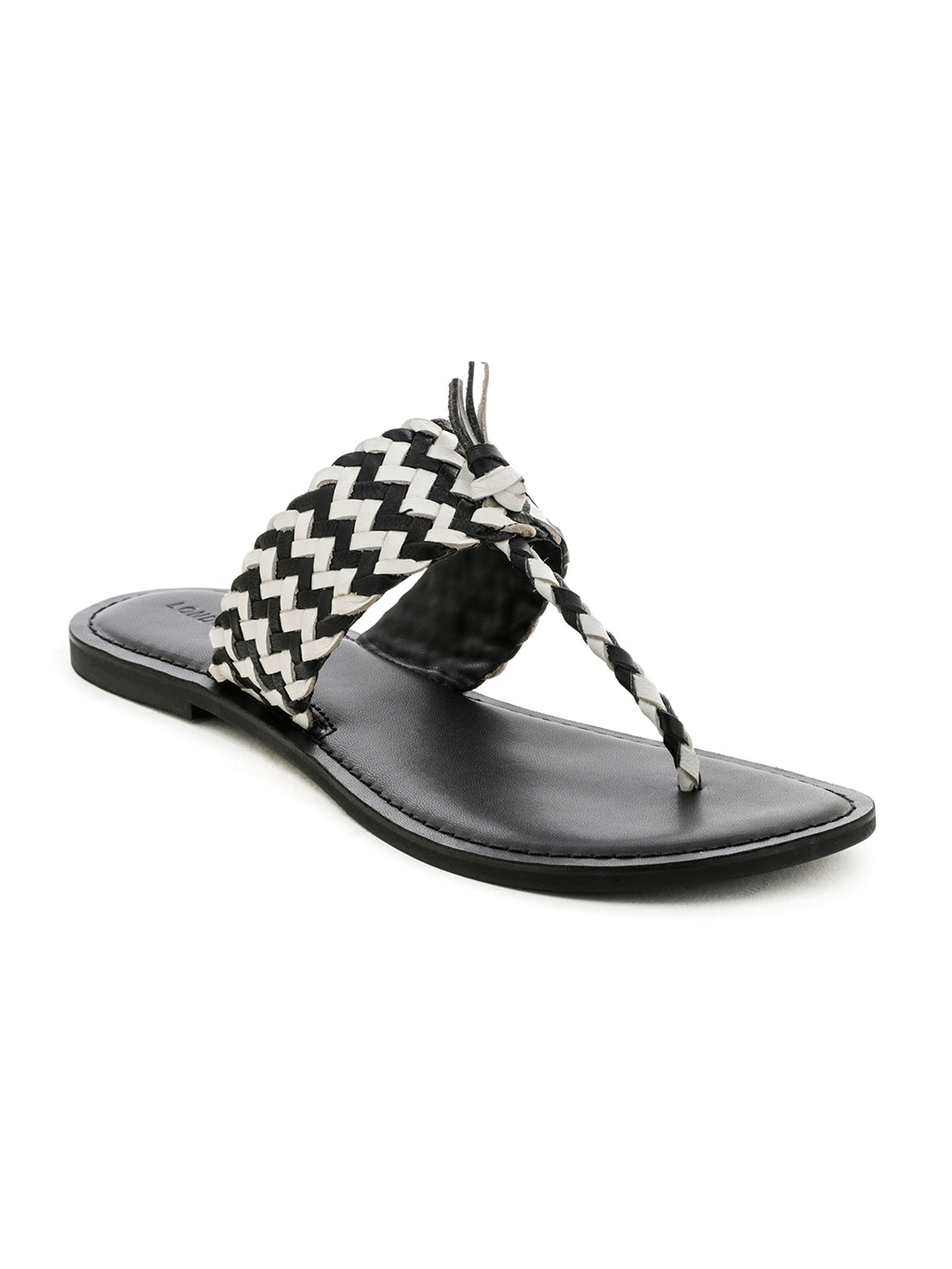 Black White Weaved Thong Sandal - Black