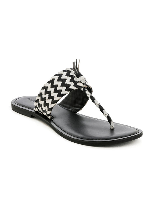 Black White Weaved Thong Sandal - Black
