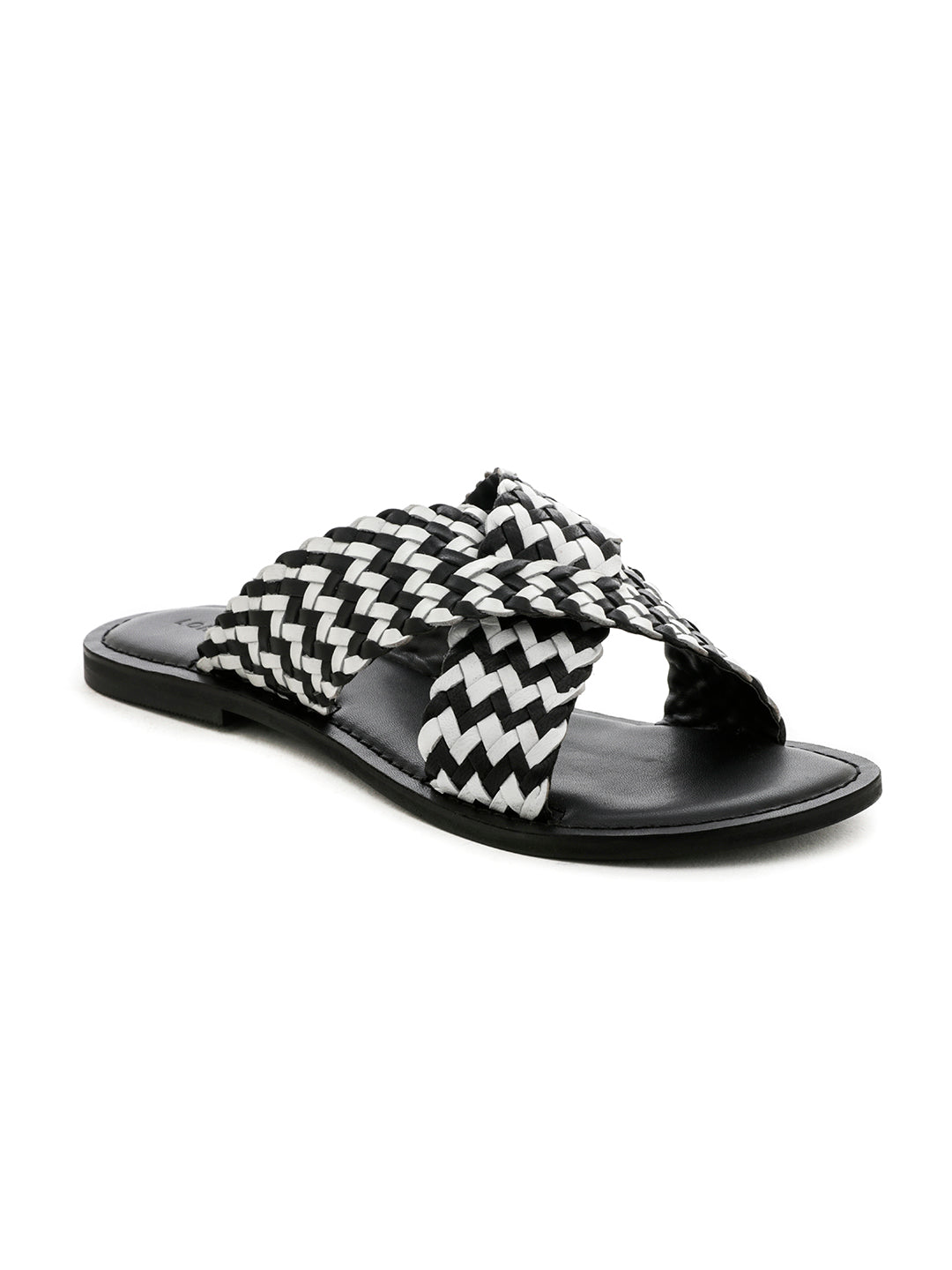 Black White Weaved Cross Strap Sandal - Black
