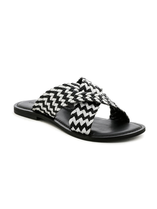 Black White Weaved Cross Strap Sandal - Black