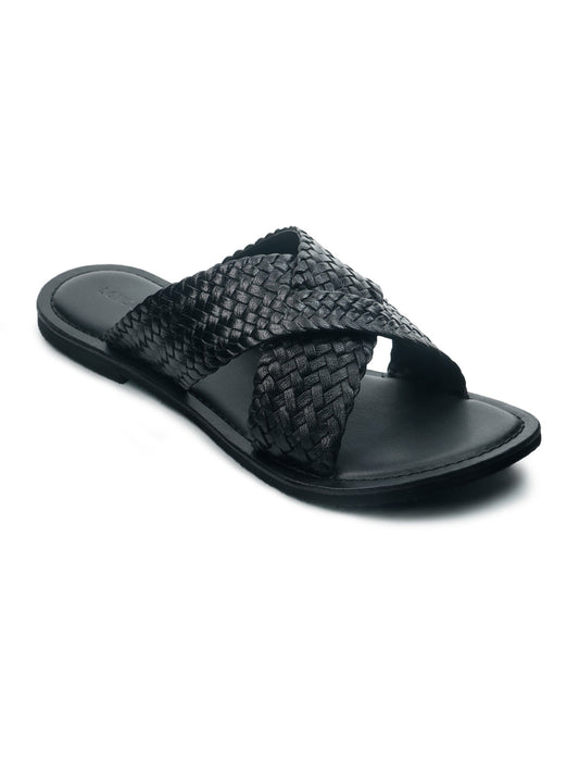 Black Weaved Cross Strap Sandal - Black