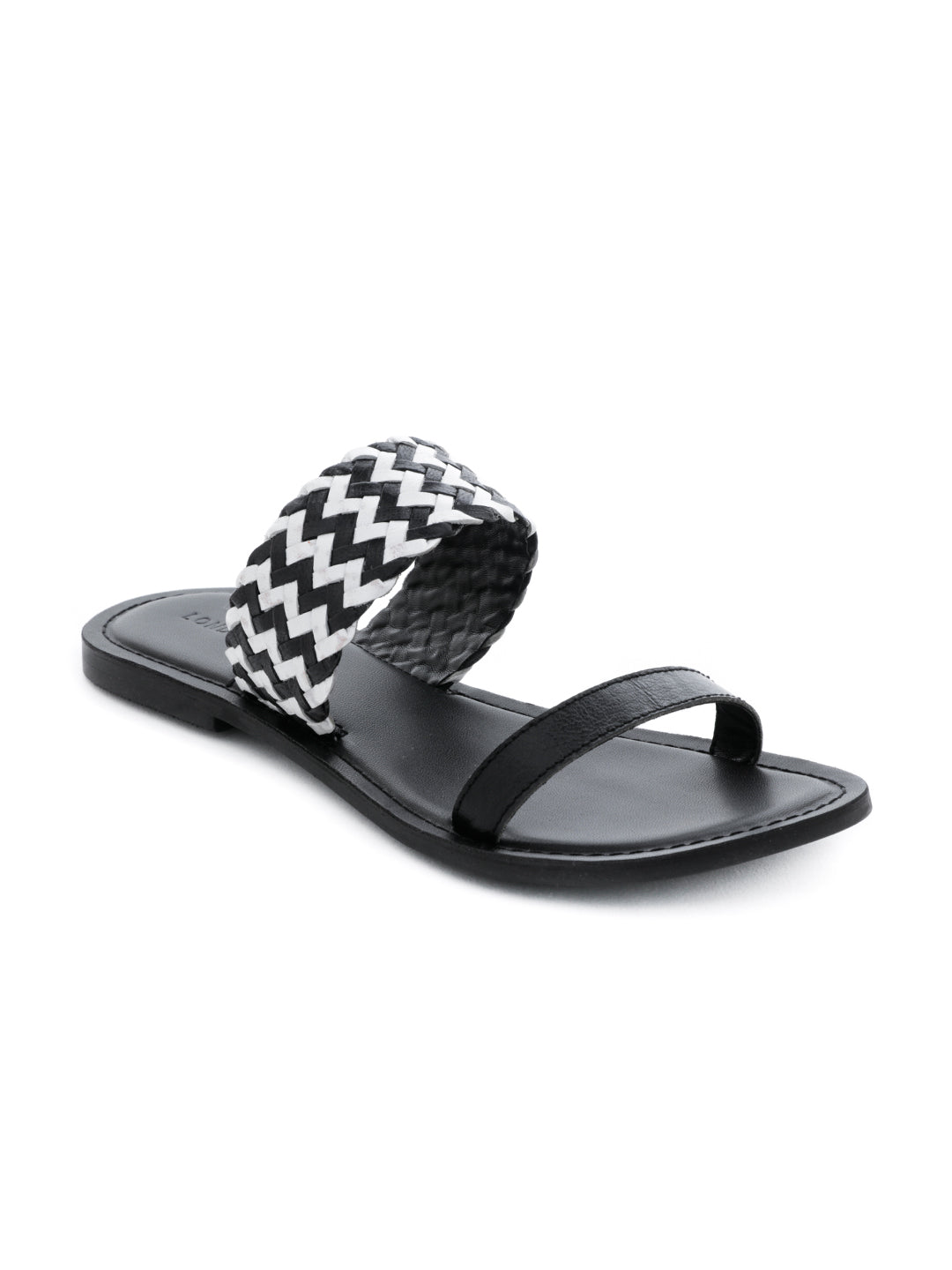 Black White Weaved Strap Sandal - Black