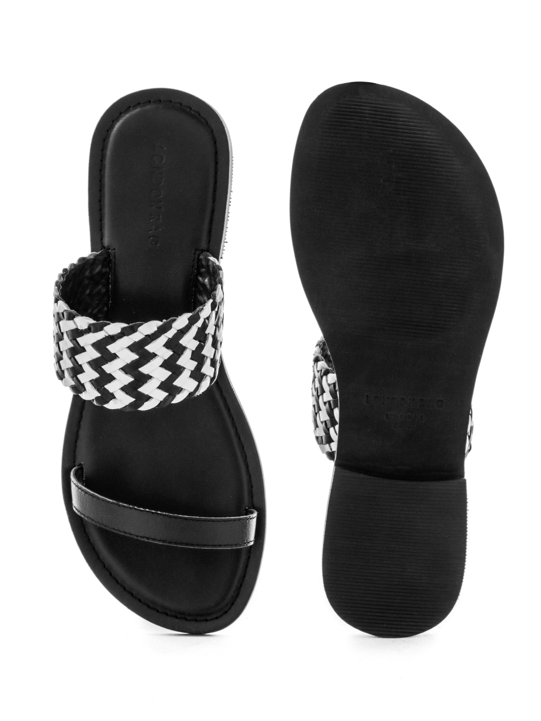 Black White Weaved Strap Sandal - Black