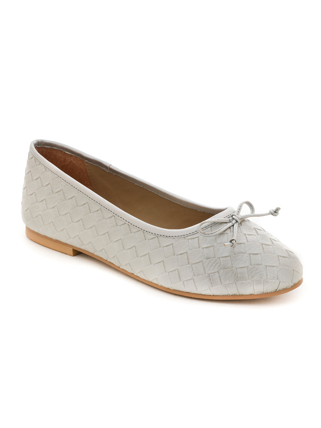 Weave Embossed Silver Ballerinas with Bow - Silver