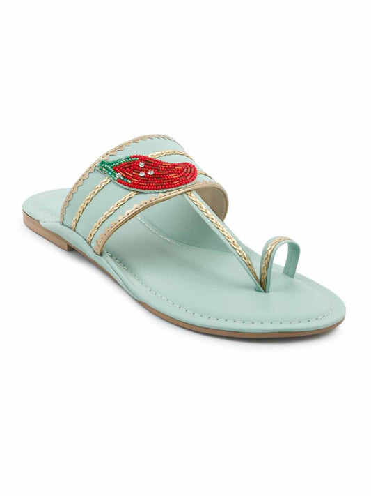 Green Kolhapuri Sandals in Golden Stripes - Green