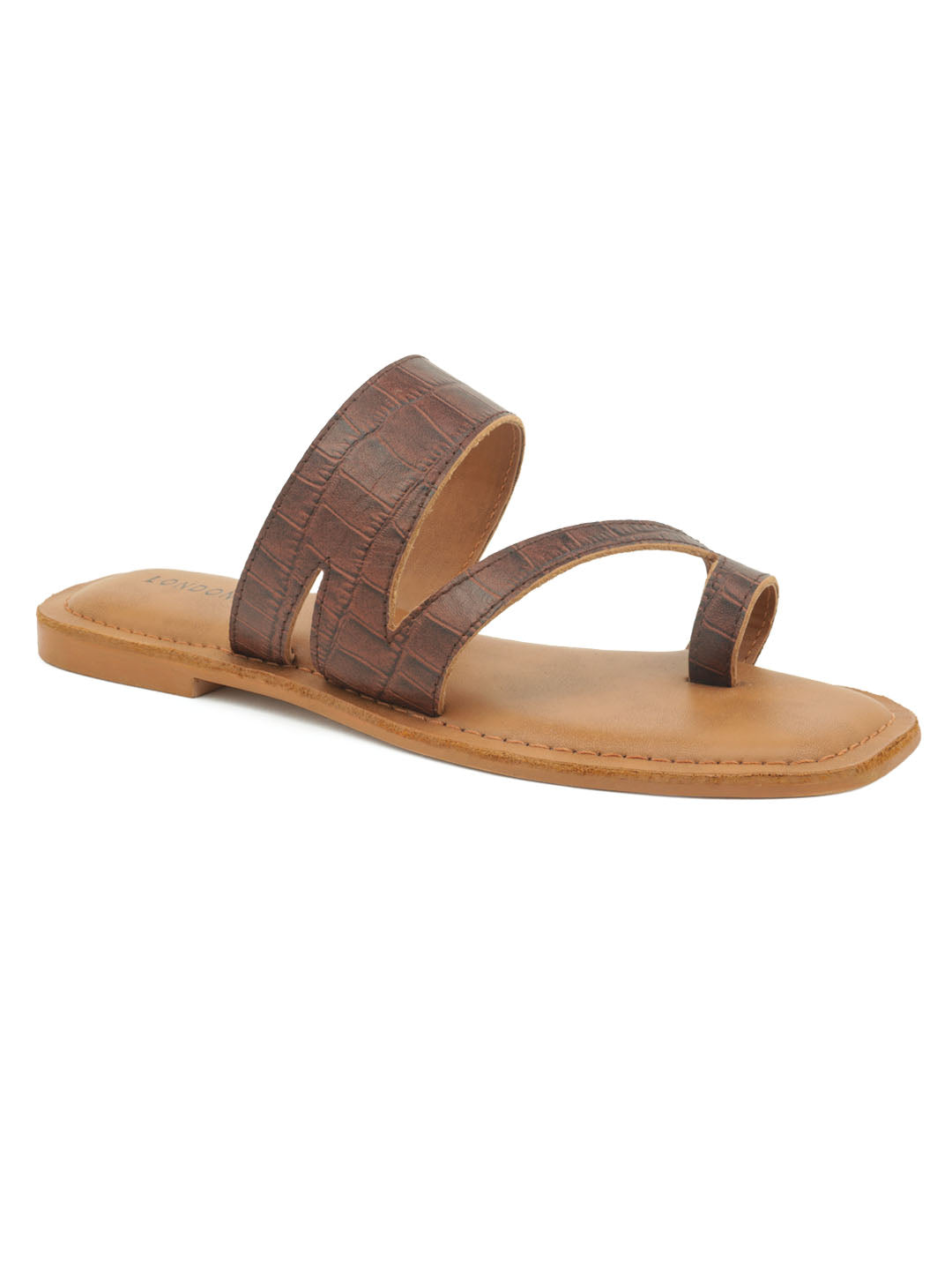 Brown Croc Print One Toe Flat Sandal - Brown