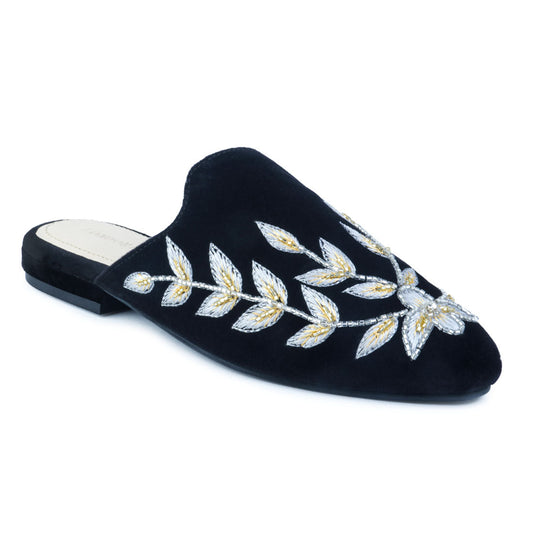 Black Leaf Embroidered Velvet Mules - Black