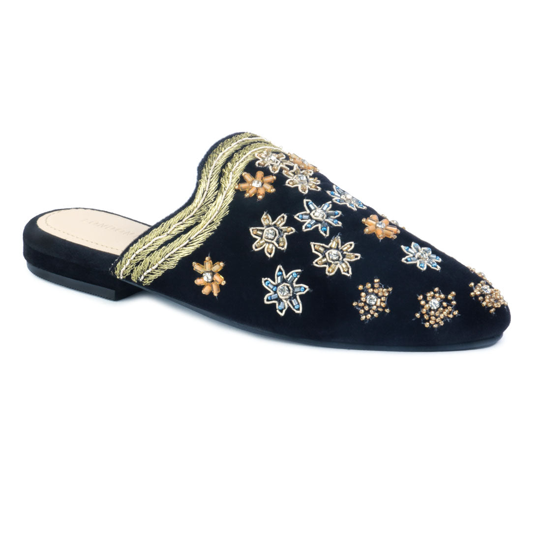 Black Butta Embroidered Velvet Mules - Black