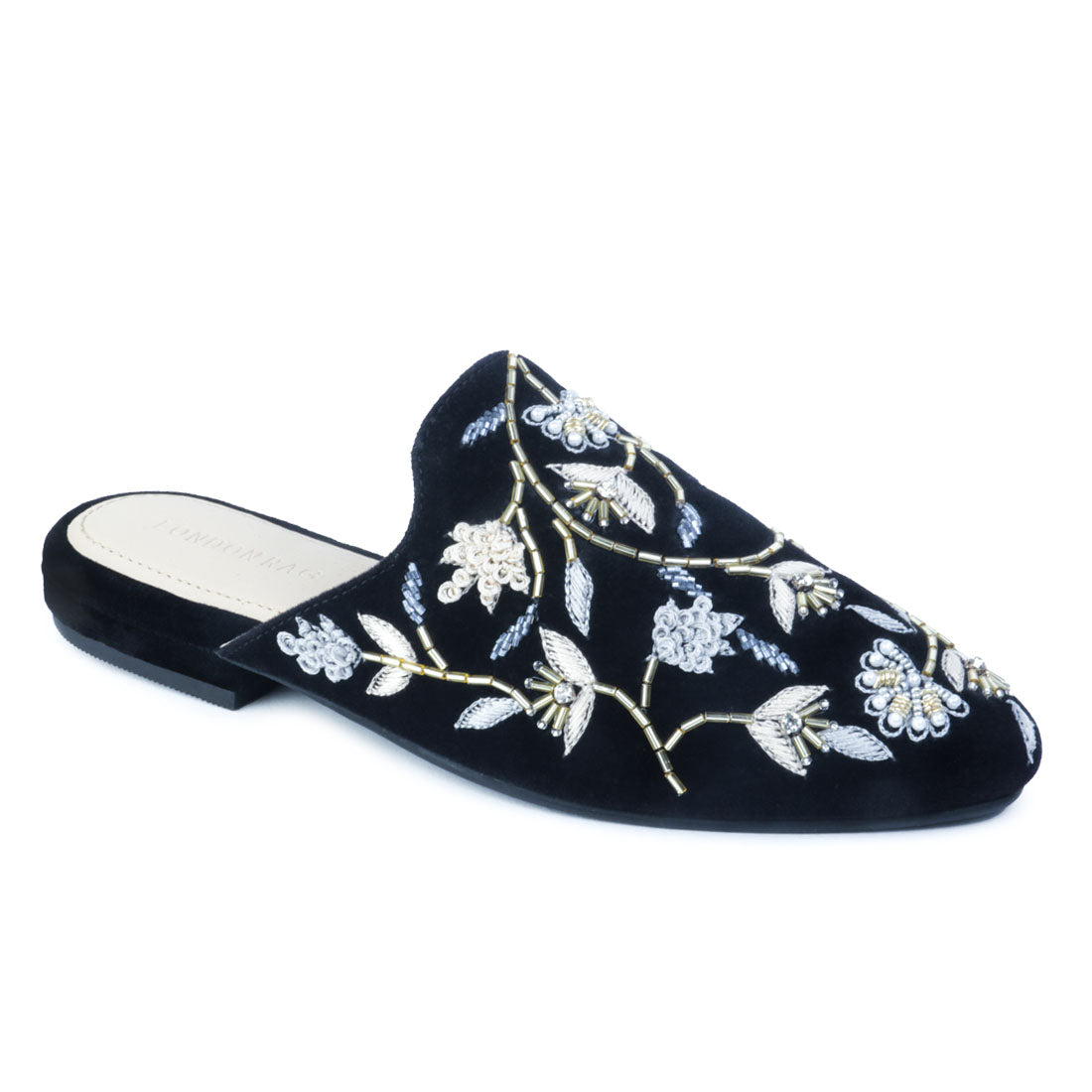 Black Embroidered Floral Velvet Mules - Black