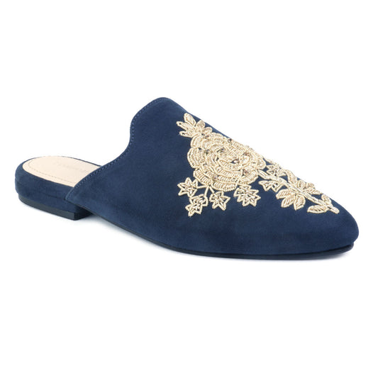 Navy Embroidered Patch Suede Mules - Navy