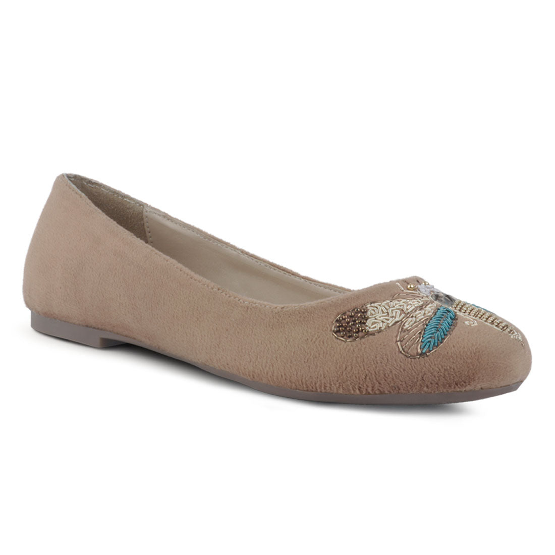 Beige Flower to Flower Embroidered Suede Ballerinas - Beige