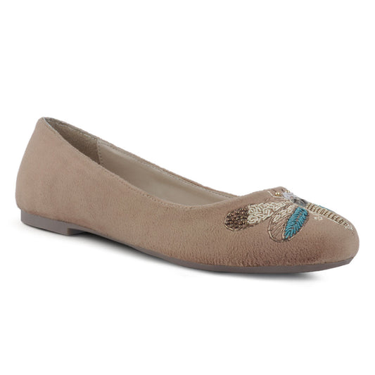 Beige Flower to Flower Embroidered Suede Ballerinas - Beige