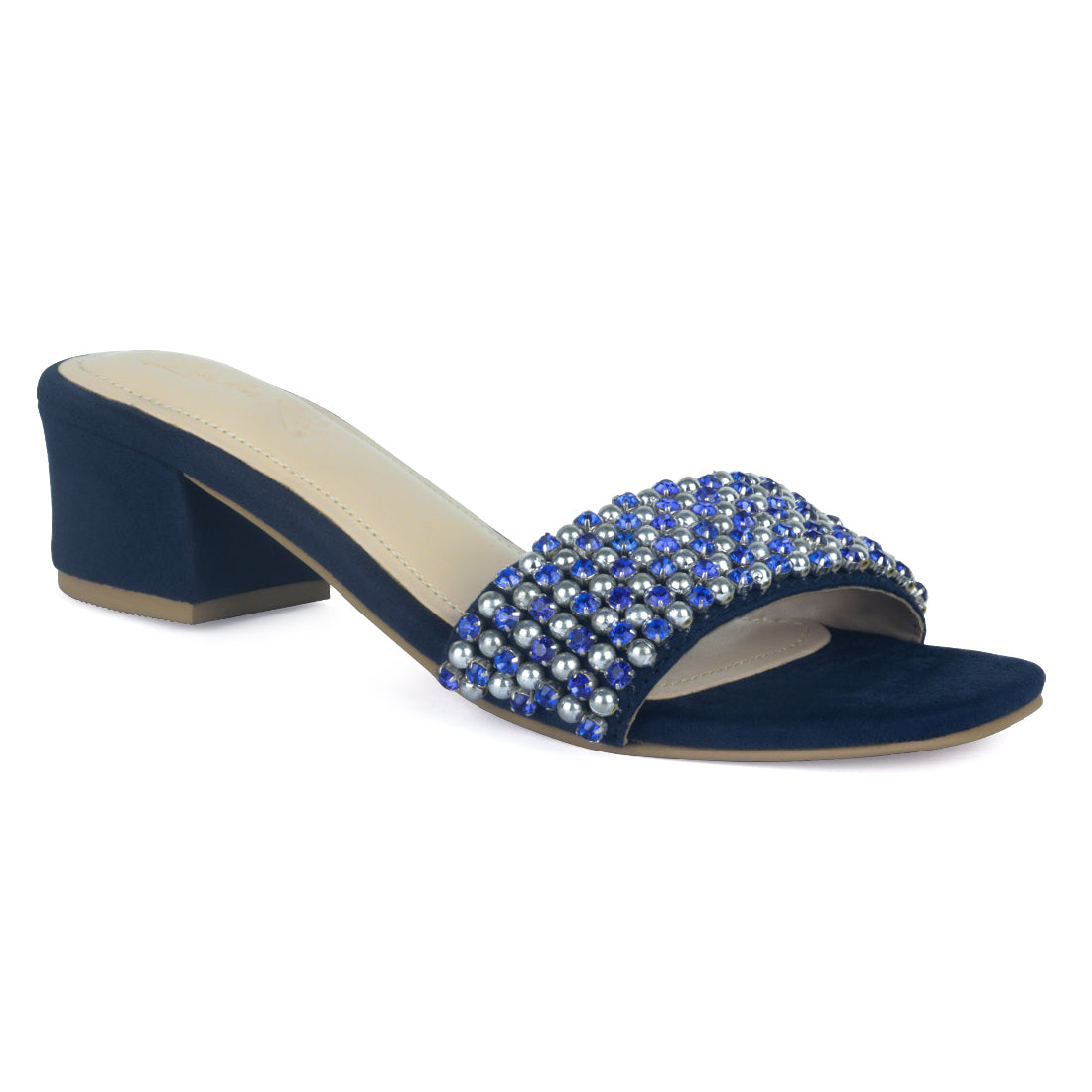 Block Heel Slides with Beaded Straps - Navy