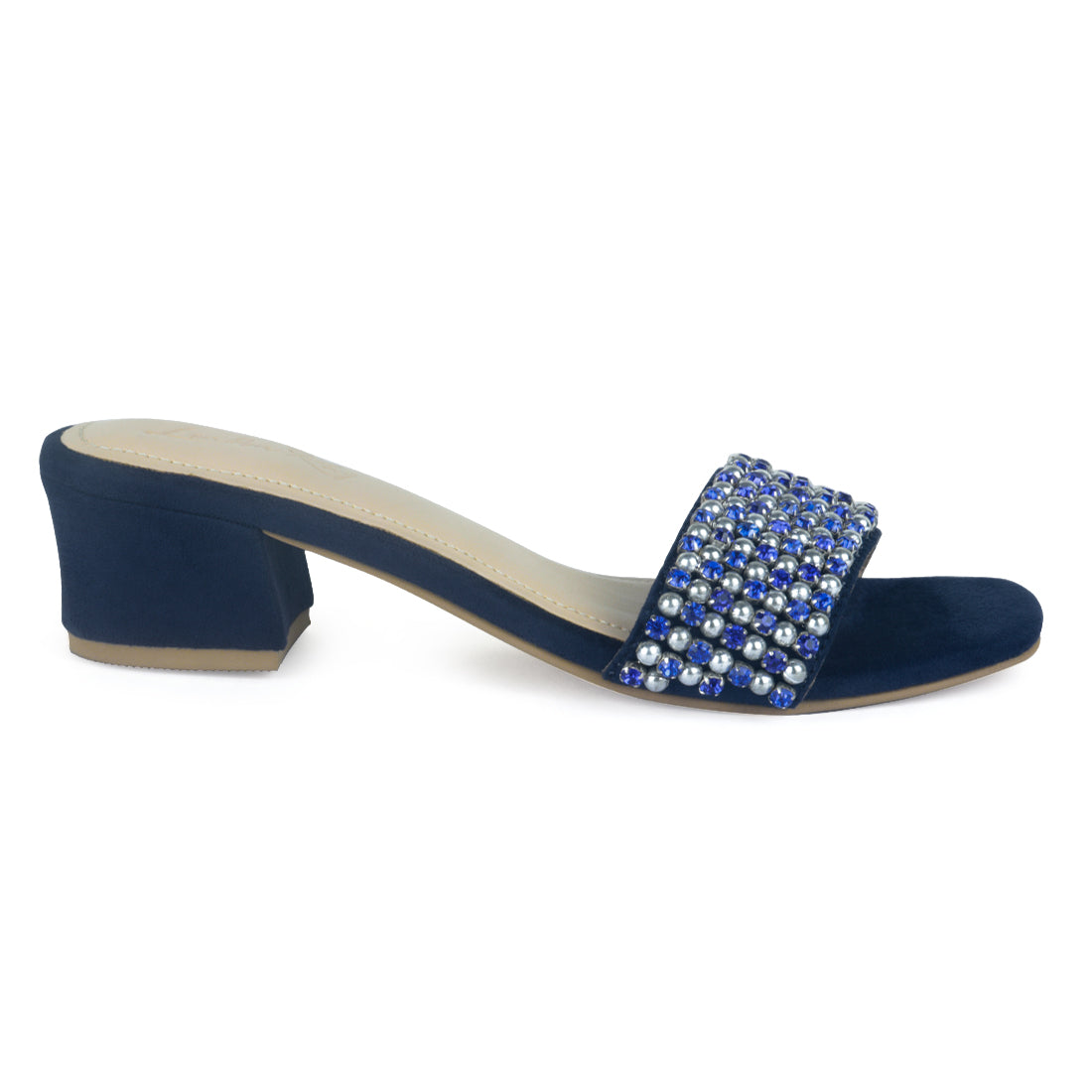 Block Heel Slides with Beaded Straps - Navy