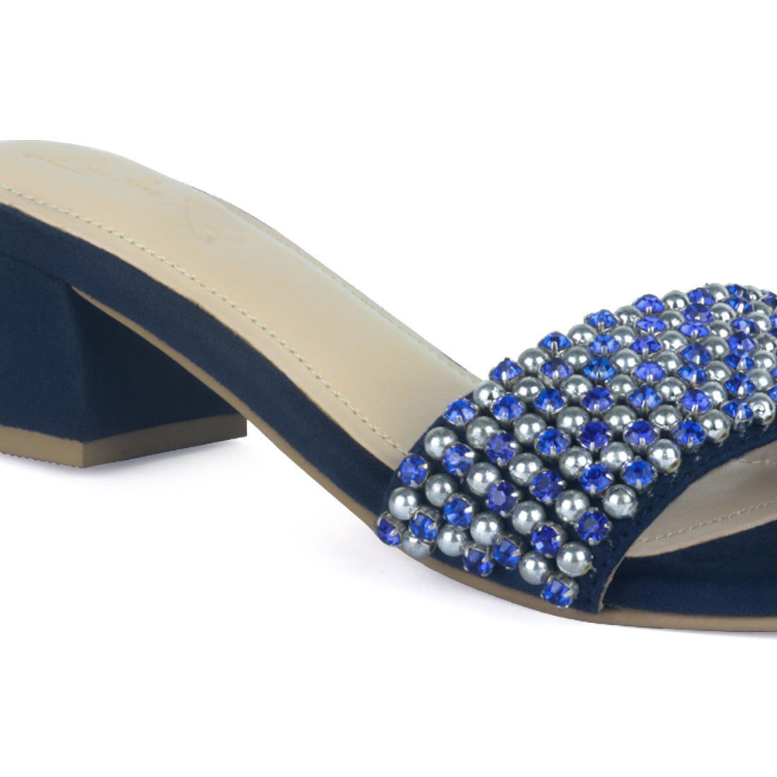 Block Heel Slides with Beaded Straps - Navy