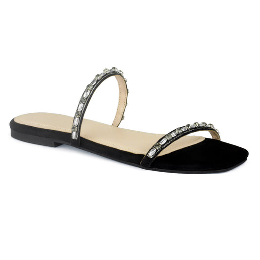 Embellished Flat Slides in Black - Black
