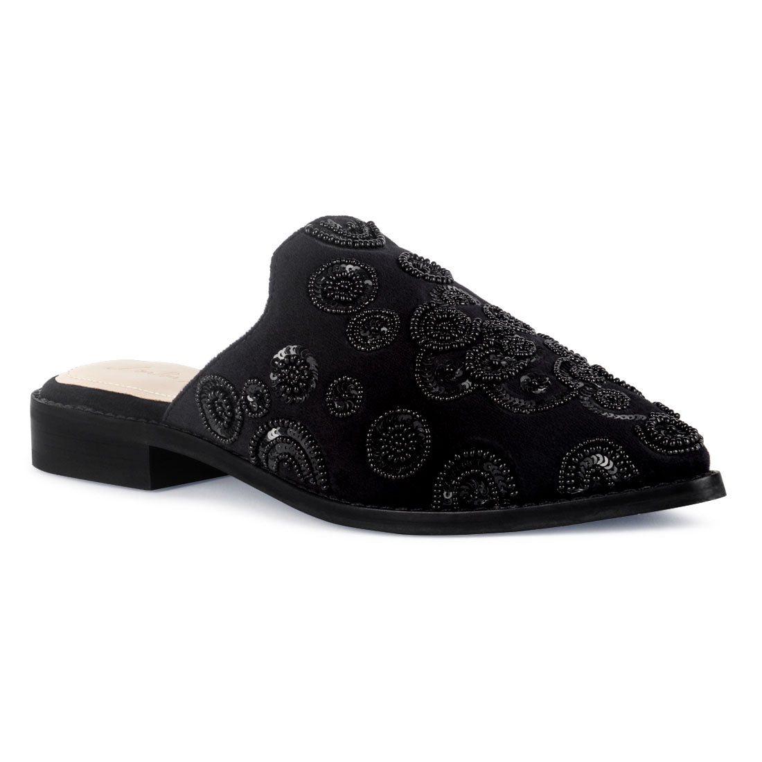 HANDCRAFTED EMBROIDERED VELVET MULES IN BLACK - Black