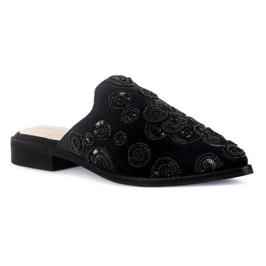 HANDCRAFTED EMBROIDERED VELVET MULES IN BLACK - Black