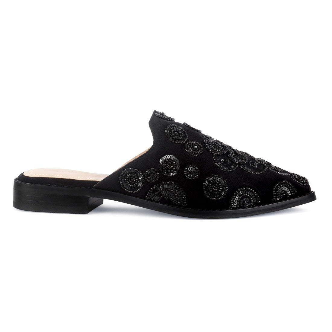 HANDCRAFTED EMBROIDERED VELVET MULES IN BLACK - Black